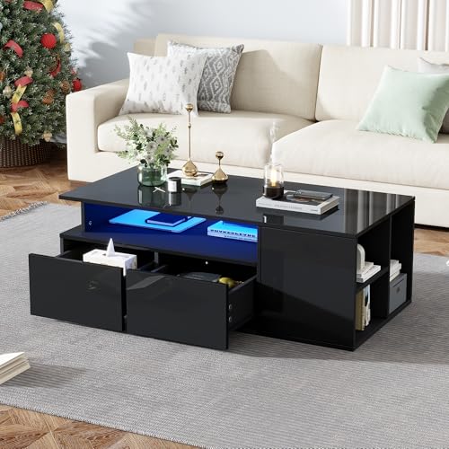 Kebnor Teetisch mit LED, Wohnzimmer Couchtisch, Sofatisch mit 2 Schubladen, Kaffeetisch mit Gesamttragfähigkeit von 60kg, Wohnzimmertisch mit viel Stauraum 100 * 50 * 35cm (Schwarz) von Kebnor