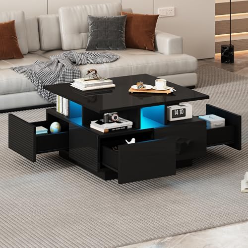Kebnor Wohnzimmer teetisch, Hochglanz kaffeetisch, Couchtisch mit LED licht, sofatisch mit 4 schubladen,Beistelltisch mit geometrische Design, Gesamttragkraft 30kg 70 * 70 * 40cm (Schwarz) von Kebnor