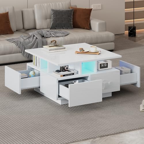 Kebnor Wohnzimmer teetisch, Hochglanz kaffeetisch, Couchtisch mit LED licht, sofatisch mit 4 schubladen,Beistelltisch mit geometrische Design, Gesamttragkraft 30kg 70 * 70 * 40cm (Weiß) von Kebnor