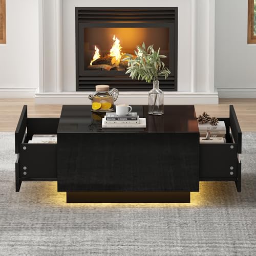 Kebnor quadratischer Teetisch, Couchtisch mit LED,Hochglanz-Sofatisch mit 2 Schubladen, Wohnzimmertisch,Kaffeetis aus gehärtetem Glas, Beistelltisch mit geometrische Design 70 * 70 * 36 cm von Kebnor