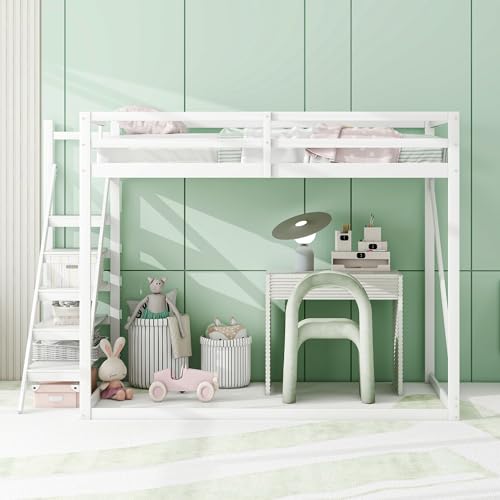 Kinderbett Hochbett 140x200 mit Sicherheitsleiter, Etagenbett aus Massivholz mit Lattenrost geeignet für Kinder, Jugendliche und Erwachsene (weiß) von Kebnor