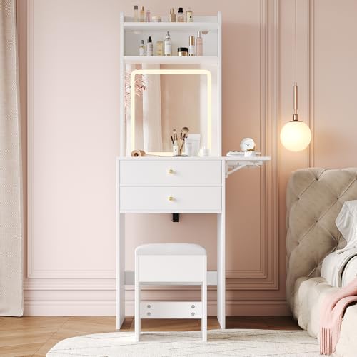 Kleiner Schminktisch mit Verstellbarer LED-Beleuchtung und – inkl 1 Hocker, 2 Schubladen, Zwei offenen Fächern und Stauraum mit 22cm klappbare Tischplatte Farbe: Weiß Maße (B×H×T) 75 ×156 ×45 cm von Kebnor