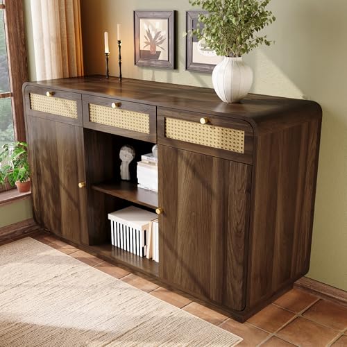 Kommode Sideboard 120cm Nussbaum, Schubladenschrank mit Rattan & Goldgriffen, 3 Schubladen + 2 Schränke + offenes Regal, Höhenverstellbare Einlegeböden, H85/B120/T40 cm von Kebnor