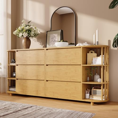 Kommode Sideboard 160cm Eiche, Römisches Design mit Säulen & Bambus-Regalen, 6 Schubladen & offene Regale, Höhenverstellbare Füße, H75/B160/T40 cm von Kebnor