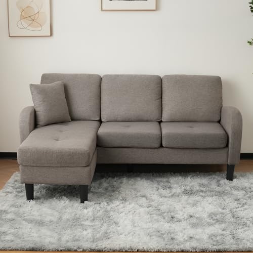 L-förmiges Ecksofa mit Chaiselongue – 3-Sitzer Sofa, 166 x 118 x 77 cm, Atmungsaktiver Baumwoll-Leinenstoff, Kunststoffbeine, Modulares Design, Ideal für kleinere Räume (Dunkelgrau) von Kebnor