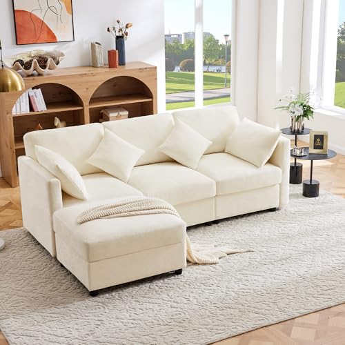 L-förmiges Ecksofa mit Fußhocker, umwandelbares 3-Sitzer-Schlafsofa, 4 Kissen, verstellbare Armlehnen, bequemer Chenille-Stoff, geeignet für Wohnzimmer/Büro/Wohnung (Beige) von Kebnor