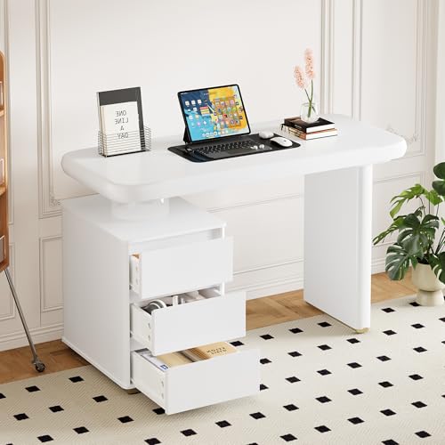 Moderner Schreibtisch 117×50×74 cm– weißer Voll-Lackierung,Wolkenform, 3 Schubladen, verdickte Tischplatte und Beine, abgerundete Kurven,Stabiler voll lackiert,Französischer Schreibtisch von Kebnor