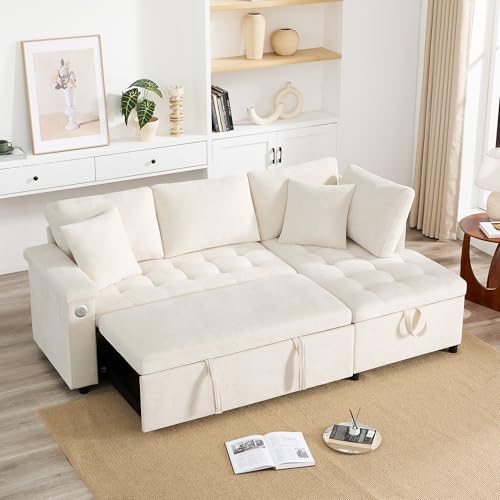 Modernes L-Sofa, ausziehbares Schlafsofa mit Schlaffunktion, ausgestattet mit Stauraum, Getränkehalter, USB-Ladegerät, Armlehnenablage und 2 Kissen, geeignet für Wohnzimmer, usw (Beige) von Kebnor
