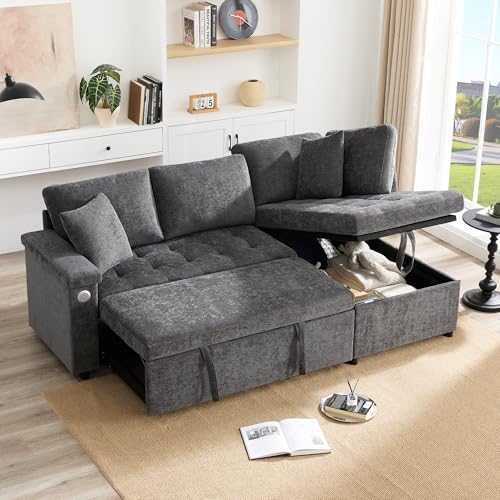 Modernes L-Sofa, ausziehbares Schlafsofa mit Schlaffunktion, ausgestattet mit Stauraum, Getränkehalter, USB-Ladegerät, Armlehnenablage und 2 Kissen, geeignet für Wohnzimmer, usw (Gray) von Kebnor