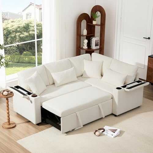 Modernes ausziehbares Ecksofa, Canapé Convertible mit Stauraum, Becherhalter, USB-Ladeanschluss, Armlehnenablage und Zwei Kissen, Sofa für Wohnzimmer, Gästezimmer, Heimkino und Apartment (Beige) von Kebnor