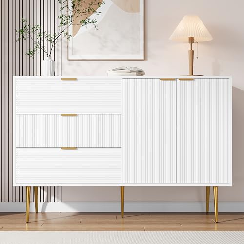 Sideboard, Wohnzimmerschrank mit Türen und Schubladen, Innenregalen, Kommode mit goldenen Griffen und Beinen von Kebnor