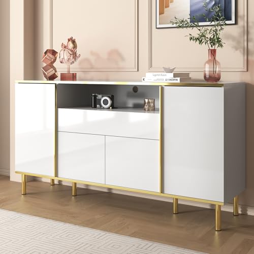 Sideboard, hochglänzende Kommode mit 1 Schublade, Kommode, Schlafzimmerkommode, hochglänzendes Sideboard 150 x 40 x 80 cm (Weiß) von Kebnor