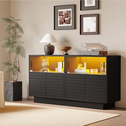 Sideboard mit 2 Kabinett, 4 Fächern, Glastüren, Breite 130 cm, Beistellschrank mit LED-Licht, Wohnraumschrank mit viel Stauraum, modernes highboard 130 * 35 * 68cm von Kebnor