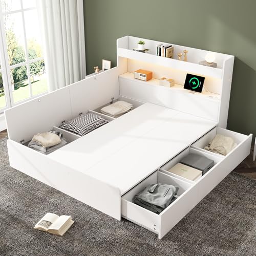 Kebnor Stauraumbett 140 * 200cm, Doppelbett, Massivholzbett, mit USB-Anschluss und Steckdose, mit LED-Beleuchtung, mit Schubladenaufbewahrung, mit Stauraum, ohne Matratze, weiß von Kebnor