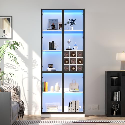 Vitrine, Glasvitrine mit Glastüren mit LED,Hochschrank,Bücherschrank,Standvitrine,Weinschrank Eleganter Sideboard mit Doppeltüren, Glasregal und Weinhalterung 80 * 35 * 200cm Vitrine, Glasvitrine mit Glastüren mit LED,Hochschrank,Bücherschrank,Standvitrine,Weinschrank Eleganter Sideboard mit Doppeltüren, Glasregal und Weinhalterung 80 * 35 * 200cm von Kebnor