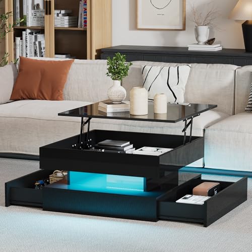 anhebbarer Wohnzimmertisch,Beistelltisch,Hochglanz-Couchtisch mit LED-Lichtleiste, Sofatisch mit 2 Schubladen, Kaffeetisch mit geometrischem Design und verstecktem Stauraum,Schwarz 65 x 65 x 38.5 cm anhebbarer Wohnzimmertisch,Beistelltisch,Hochglanz-Couchtisch mit LED-Lichtleiste, Sofatisch mit 2 Schubladen, Kaffeetisch mit geometrischem Design und verstecktem Stauraum,Schwarz 65 x 65 x 38.5 cm von Kebnor
