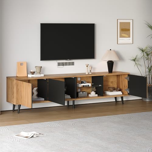 lowboard Fernsehschrank, TV-Ständer für das Wohnzimmer,TV-Schrank mit 3 Schränken, Schlichter Wohnzimmerschrank mit originaler Holzfarbe + schwarzer Spleiße,Passend für 75-Zoll-Fernseher 175*31.5*45cm von Kebnor