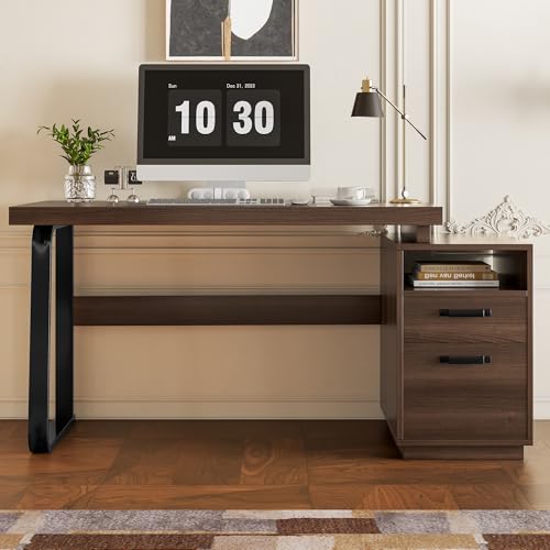 moderner Schreibtisch im minimalistischen Stil, MDF-Schreibtischplatte mit hochwertigem Stahlrohr, super belastbar, multifunktionales Aufbewahrungsdesign, geräuschlose Schublade(161*54*76.4cm) von Kebnor