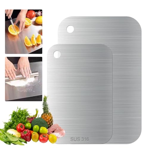Keboyoe 2 Stück Titan Schneidebrett S316 Schneidebrett Edelstahl Titanium Cutting Board Doppelseitiges Lebensmittel Grade Schneidebretts Titan-Schneidebretter für Fleisch Brot Gemüse Obst von Keboyoe