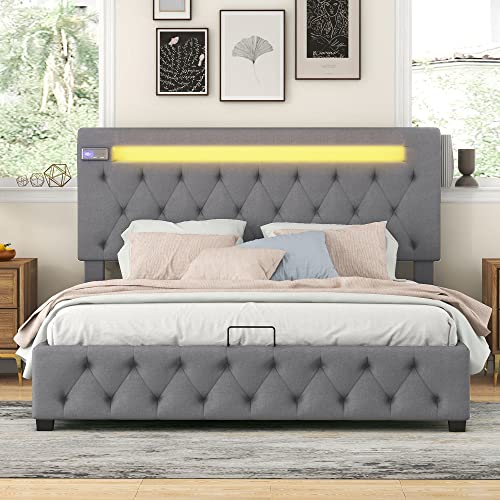 140 x 200cm Doppelbett, Polsterbett, Familienbett, Plattformbett mit Aufladen USB, Bluetooth-Player und LED-Beleuchtung, Modernes Bettgestell mit Stauraum, Verstellbares Kopfteil (Grau) von KecDuey