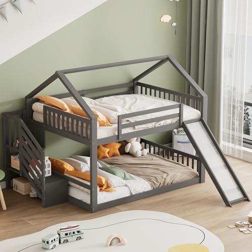 140x200cm Etagenbett mit Stauraumtreppe und Rutsche, Hausbett, Kinderbett mit Geländer, geeignet für Kinder, Jugendliche von KecDuey