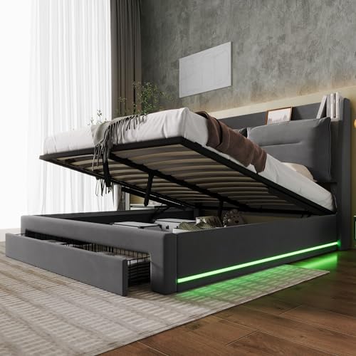 140x200cm hydraulisches Bett, Polsterbett aus Samt mit eingelassene LED-Lichtleisten an beiden Bettseiten,2-in-1 Stauraumschubladen am Bettende, Doppelbett mit Lattenrost (Dunkelgrau, 140 x 200cm) von KecDuey