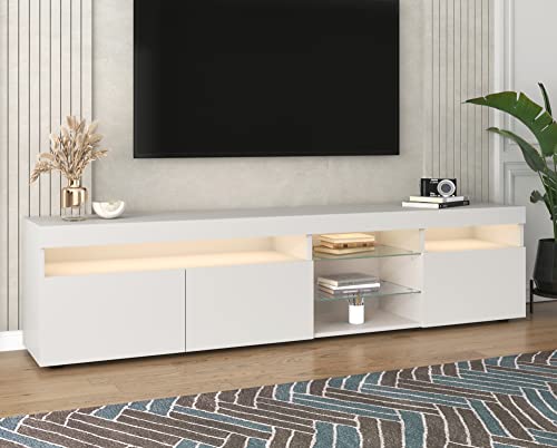 KecDuey 180cm TV Lowboard Hochglanz mit LED-Beleuchtung,Fernsehschrank TV-Schrank TV-Kommode mit 3 Türen & Glasregal 180x35x45cm (Weiß) von KecDuey