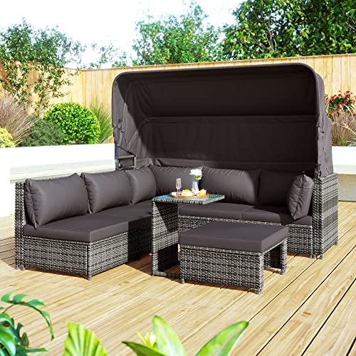 5-teiliges Rattan-Gartenmöbel-Set,Gartenmöbel-Set,Patio-Lounge-Set mit Baldachin, Allwettergeflecht, waschbare Kissen, graues Geflecht+Kissen von KecDuey