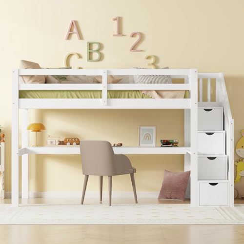 90 x 200cm Kinderhochbett mit Stauraumschubladen und Unterbettschreibtisch,Hochbett mit Lattenrost.Etagenbett für Kinder, Jugendliche und Erwachsene (Weiß) von KecDuey
