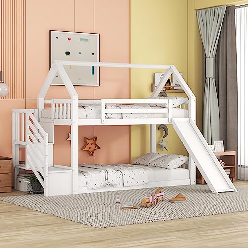 90x200cm Etagenbett mit Stauraumtreppe und Rutsche, Hausbett, Kinderbett mit Geländer, geeignet für Kinder, Jugendliche (Weiß) von KecDuey