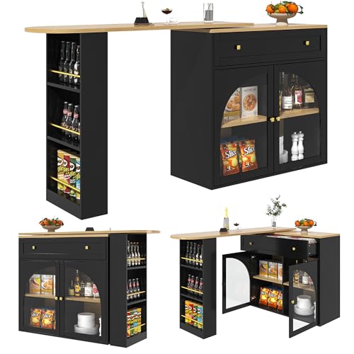 Ausziehbarer Esstisch,Ausziehbarer Bartisch mit Stauraum(138-204×39×104cm),360° drehbare Essbar,Moderner Beweglicher Bar Table,Hochtisch Kücheninsel Bistro Table,mit Regalen und Glas (Schwarz) von KecDuey