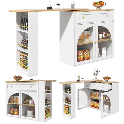 Ausziehbarer Esstisch,Ausziehbarer Bartisch mit Stauraum(138-204×39×104cm),360° drehbare Essbar,Moderner Beweglicher Bar Table,Hochtisch Kücheninsel Bistro Table,mit Regalen und Glas (Weiß) von KecDuey