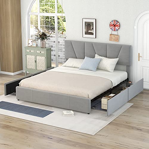 Doppelbett, Polsterbett Plattform Bett mit Vier Schubladen auf Zwei Seiten,mit Lattenrost,Bett mit Verstellbares Kopfteil (Ohne Matratzen) (Grau, 160 x 200 cm) von KecDuey