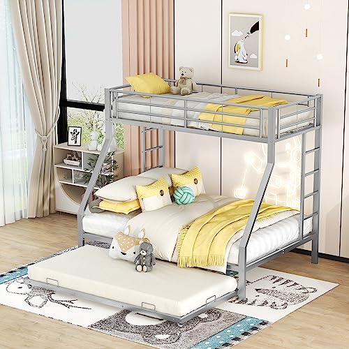 Etagenbett, Metallbett mit ausziehbarem Bett,mit Leiter auf beiden Seiten für Kinder, Jugendliche, Erwachsene, einfach zu montieren (Silbergrau) von KecDuey