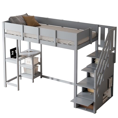 Etagenbett 90 x 200 cm,Multifunktionales Kinderbett mit Stauraum Hochbett mit Ablage, Bettgestell aus massivem Kiefernholz mit Lattenrost,Bett für Kinder und Jugendliche (Grau) von KecDuey
