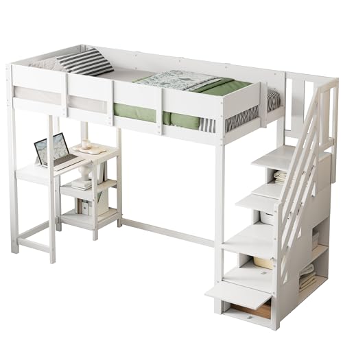 Etagenbett 90 x 200 cm,Multifunktionales Kinderbett mit Stauraum Hochbett mit Ablage, Bettgestell aus massivem Kiefernholz mit Lattenrost,Bett für Kinder und Jugendliche (Weiß) von KecDuey