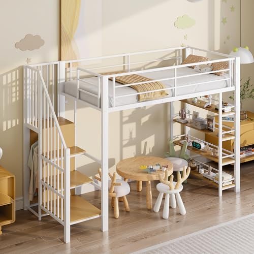 Hochbett 90 x 200cm,Kinderbett mit Sicherheitstreppe,Bettrahmen mit Stauraum und kleinem Kleiderschrank, Einlegeböden, hohes Zaundesign, Einzelbett, Jugendbett (Weiß, 90 x 200cm) von KecDuey