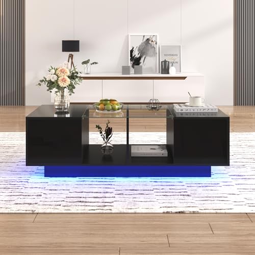 Hochglanz Couchtisch 120 x 37 x 50cm, Beistelltisch,Wohnzimmertisch mit Glasablage, Zwei Türen, großer Stauraum, mehrfarbige LED-Lichteffekte (Schwarz, 120 x 37 x 50cm) von KecDuey