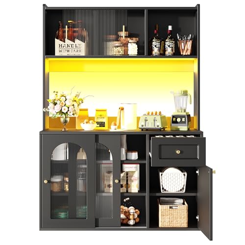 Hochschrank,Küchenschrank, Vitrinenschrank, Mid-Buffetschrank mit Verstellbaren Ablagen, Esszimmerschrank, Sideboard mit LED-Beleuchtung für Küchen, Wohnzimmer (Schwarz) von KecDuey