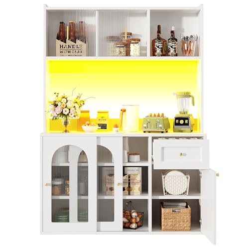 Hochschrank,Küchenschrank, Vitrinenschrank, Mid-Buffetschrank mit Verstellbaren Ablagen, Esszimmerschrank, Sideboard mit LED-Beleuchtung für Küchen, Wohnzimmer (Weiß) von KecDuey