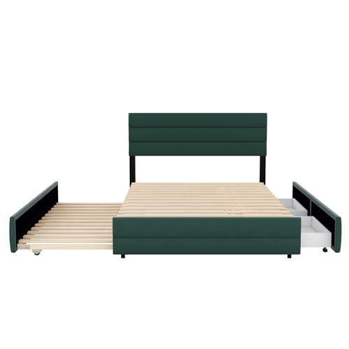 KecDuey 140 x 200cm Doppelbett,Polsterbett,ausziehbares Bett 90 x 190cm, Plattformbett mit Räummaschine für Zwei Personen und Zwei Schubladen (Grün) von KecDuey