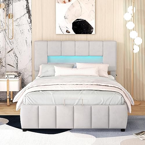 KecDuey 140x200cm Doppelbett, Polsterbett, Familienbett, Plattformbett mit LED-Beleuchtung, Modernes Bettgestell mit Stauraum (140 x 200 cm, Grau) von KecDuey