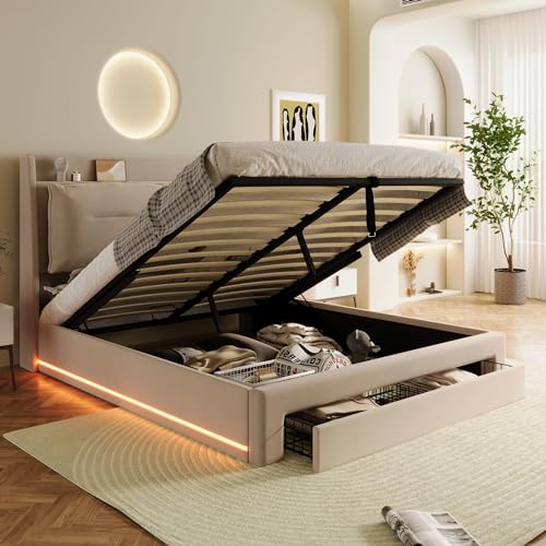 KecDuey 140x200cm hydraulisches Bett, Polsterbett aus Samt mit eingelassene LED-Lichtleisten an beiden Bettseiten,2-in-1 Stauraumschubladen am Bettende, Doppelbett mit Lattenrost (Beige, 140 x 200cm) von KecDuey