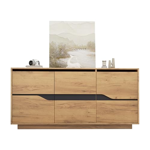 KecDuey 140x40x76cm Kommode,Wohnzimmertisch,Sideboards mit 3 Türen,Esszimmerschrank mit verstellbaren Trennwänden,breite grifflose Schließfächer (Holzfarbe (Ohne LED)) von KecDuey