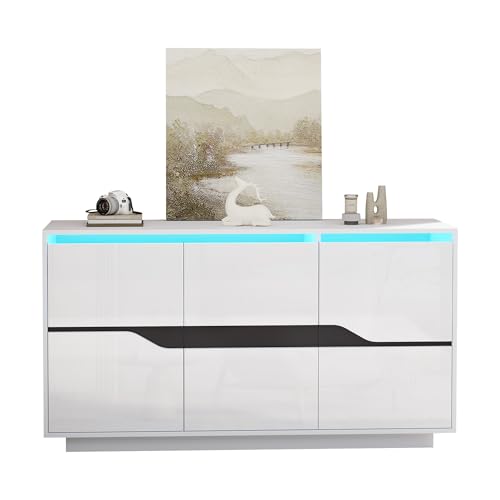 KecDuey 140x40x76cm Kommode,Wohnzimmertisch mit LED,Sideboards mit 3 Türen,Esszimmerschrank mit verstellbaren Trennwänden,breite grifflose Schließfächer (Weiß (mit LED)) von KecDuey