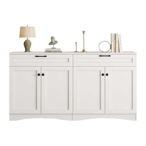 KecDuey 160 x 40 x 85cm Sideboard,Kommode mit 2 Schubladen,Beistelltisch mit geschwungenem Design und schwarzem Griff, Mit 2 großen Schränken, insgesamt 7 Ablagefächer von KecDuey