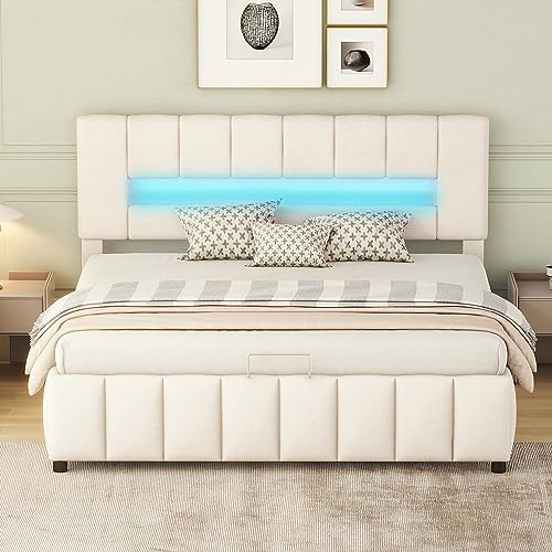 KecDuey 180x200cm Doppelbett, Polsterbett, Familienbett, Plattformbett mit LED-Beleuchtung, Modernes Bettgestell mit Stauraum (180 x 200 cm, Beige) von KecDuey