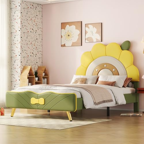 KecDuey 90x200cm Kinderbett Flachbett,Sonnenblumenform, Posterbett mit Lattenrost,Schleifenverzierung am Ende des Bettes, gelb (90 x 200cm) von KecDuey