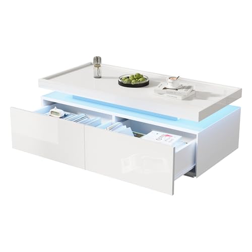 KecDuey Couchtisch,Beistelltisch 95x45x35cm,Wohnzimmertisch mit LED, kaffeetisch mit 2 Schubladen, Hochglanz Sofatisch,moderner minimalistischer Tisch,Beistelltisch mit geometrischem Design (Weiß) von KecDuey