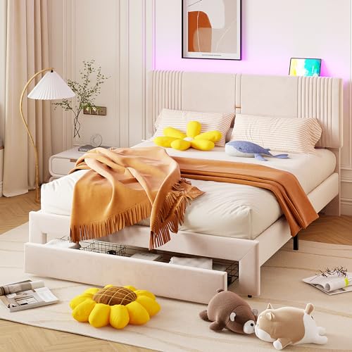 KecDuey Doppelbett 160 x 200 cm, Polsterbett mit Lichtleiste und USB-Buchse, Rückenlehne und großer Schublade,Doppelbett in Samtstoff, geeignet für Erwachsene und Jugendliche (Beige, 160 x 200cm) von KecDuey